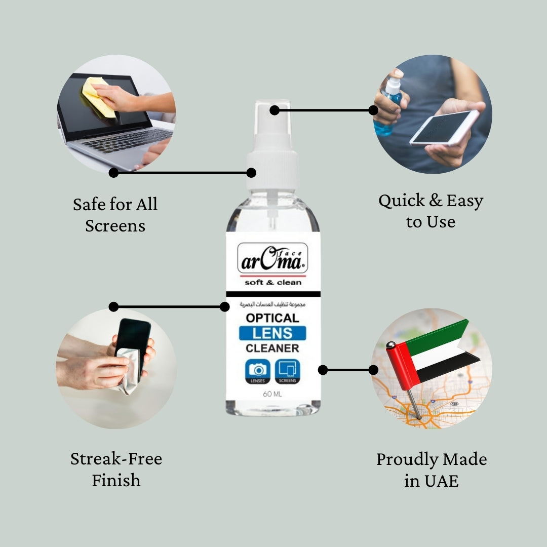 arOma Optical Lens Cleaner Kit, 60ml Screen & Glass Cleaning Solution with 2 Microfiber Towels | For Cameras, Phones, Tablets, Glasses, Laptops & Monitors