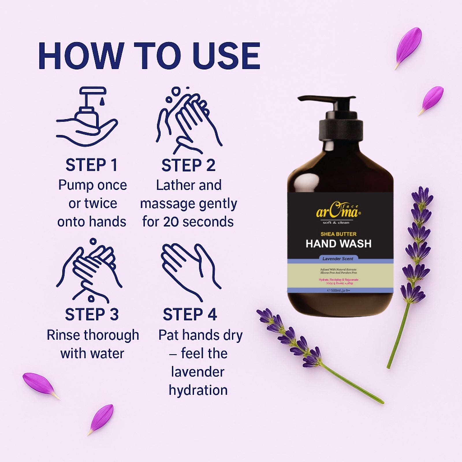 arOma Hand Wash, Shea Butter & Lavender, 500ml | Hydrating & Gentle | Paraben-Free | Long-Lasting Freshness