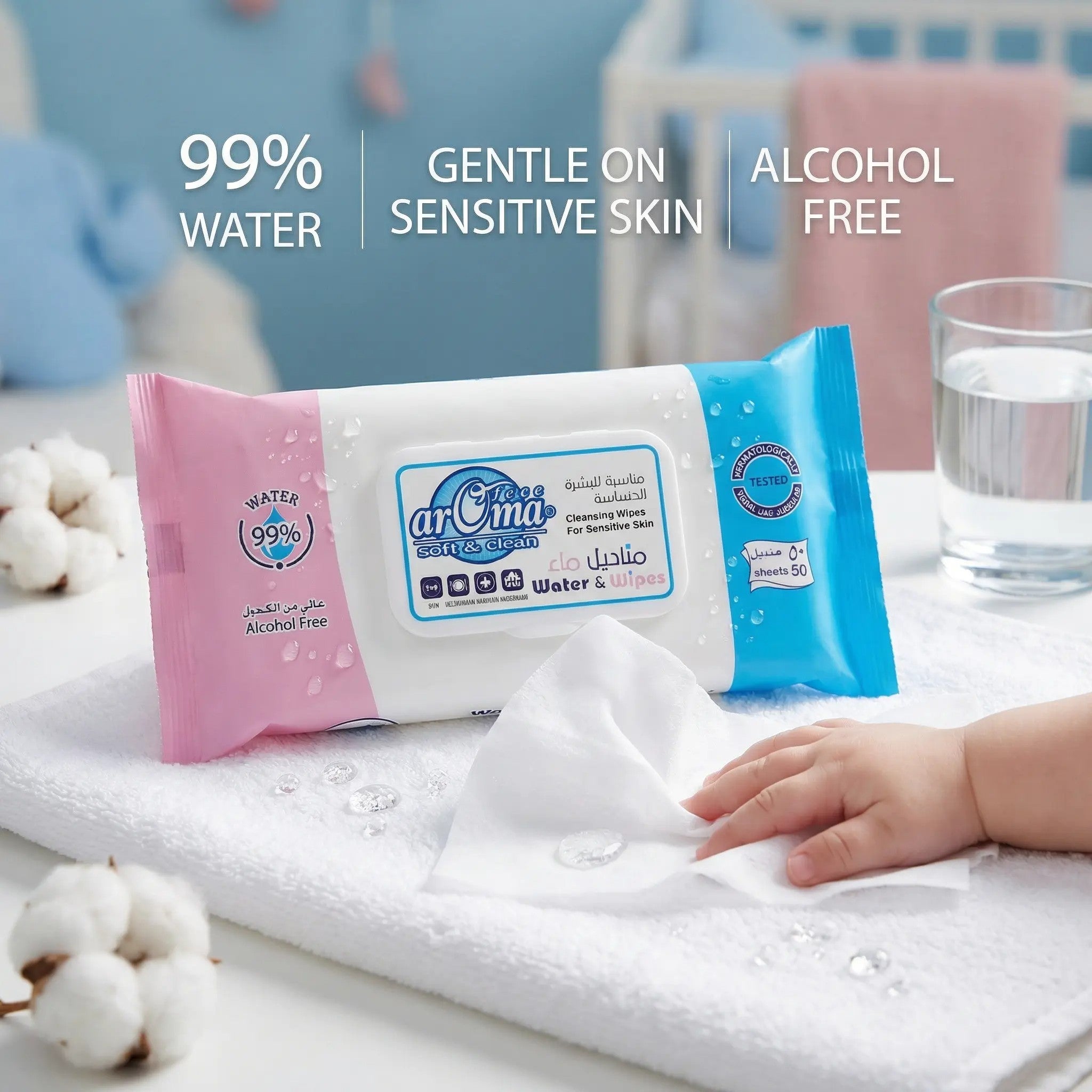arOma Face Soft & Clean Water Wet Wipes, Alcohol Free